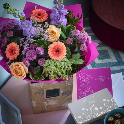 Mothers Day Florist Choice Bright Hand Tied, Chocs and Card
